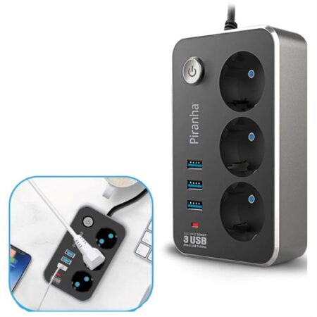 Isıya Dayanıklı Termal Akım Korumalı 2 Mt 10A 2500W 3lü Priz ve 3 Usbi 2.1A Uzatma Kablosu (4172)