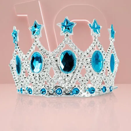 Çocuk Kraliçe Tacı - Mavi Yıldız İşlemeli Prenses Tacı 15x7 cm (4172)