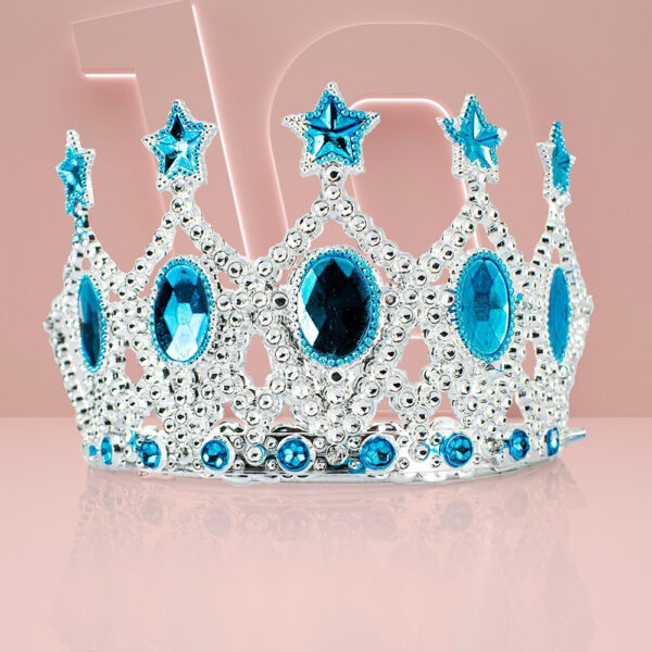 Çocuk Kraliçe Tacı - Mavi Yıldız İşlemeli Prenses Tacı 15x7 cm (4172)