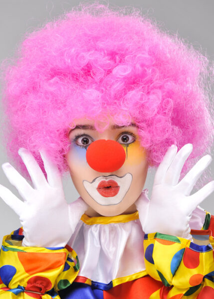 Pembe Renk Kıvırcık Afro Bonus Peruk Takma Saç ve Kırmızı Burun Seti (4172)