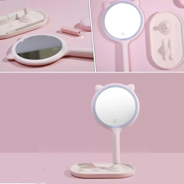 Kedi Kulaklı Telefon Standlı Yuvarlak Dokunmatik Led Ayarlı Masa Üstü Makyaj Aynası (4172) - Görsel 5
