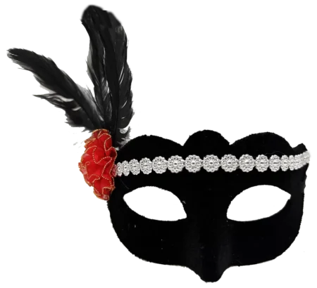 Siyah Renk Süet Kaplama Gümüş Dantelli Kırmızı Gül Tasarımlı Parti Maskesi 18x20 cm (4172)