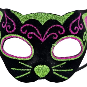 Siyah Kadife Kaplama Üzeri Pembe Yeşil Sim İşlemeli Kedi Maskesi 20x13 cm (4172)