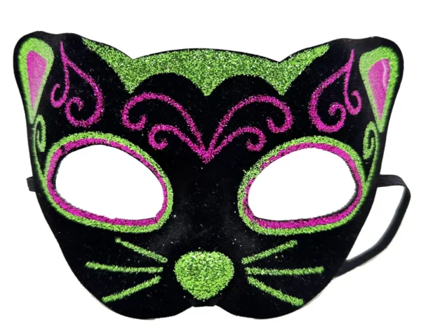 Siyah Kadife Kaplama Üzeri Pembe Yeşil Sim İşlemeli Kedi Maskesi 20x13 cm (4172)