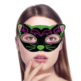 Siyah Kadife Kaplama Üzeri Pembe Yeşil Sim İşlemeli Kedi Maskesi 20x13 cm (4172)