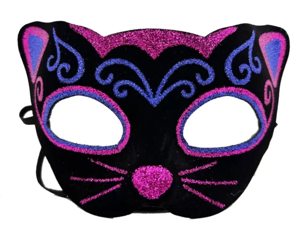 Siyah Kadife Kaplama Üzeri Pembe Mavi Sim İşlemeli Kedi Maskesi 20x13 cm (4172)