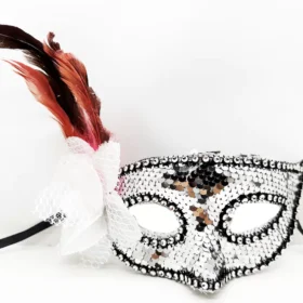 Gümüş Renk Yandan Tüylü Güllü Gümüş Taşlı Pullu Maske 20x22 cm (4172)
