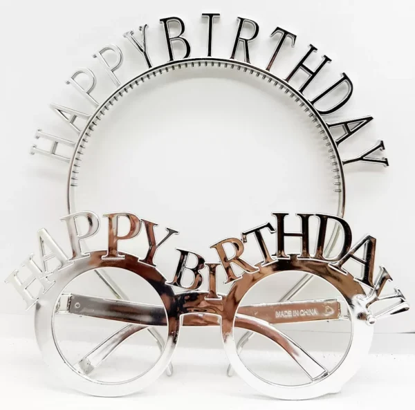 Happy Birthday Yazılı Taç ve Happy Birthday Yazılı Gözlük Seti Gümüş Renk (4172)
