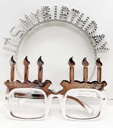 İt's My Birthday Yazılı Taç ve Mum Şekilli Gözlük Seti Gümüş Renk (4172)