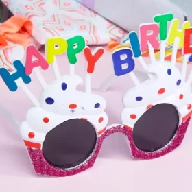 Happy Birthday Yazılı Beyaz Fuşya Renk Parti Gözlüğü 12x7 cm (4172)
