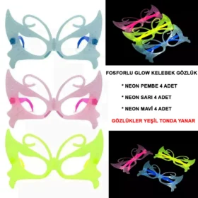 Fosforlu Kelebek Model Glow Parti Gözlüğü Karanlıkta Yanan Gözlükler 12 Adet (4172)