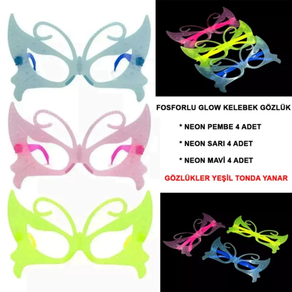 Fosforlu Kelebek Model Glow Parti Gözlüğü Karanlıkta Yanan Gözlükler 12 Adet (4172)