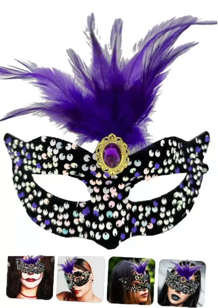 Siyah Kadife Üzeri Rengarenk Payetli Pullu Mor Tüylü Mor Taşlı Parti Maskesi 19x21 cm (4172)