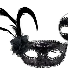 Siyah Renk Yandan Tüylü Güllü Gümüş Taşlı Pullu Maske 20x22 cm (4172)
