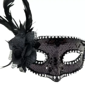 Siyah Renk Yandan Tüylü Güllü Gümüş Taşlı Pullu Maske 20x22 cm (4172)