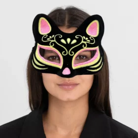 Siyah Renk Süet Kaplama Üzeri Pembe Sarı Simli Kedi Maskesi 17x14 cm (4172)