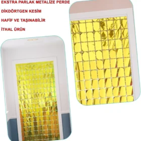 Ekstra Metalize Altın Renk Disko Dikdörtgen Kesim Kapı Perdesi Dekorasyon 1x2 Metre (4172)