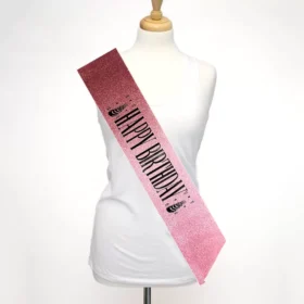 Pembe Üzeri Siyah Büyük Happy Birthday Yazılı Simli Işıltılı Kuşak Kemer 10 cm Genişlik (4172)