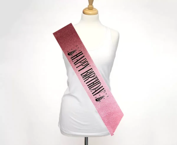 Pembe Üzeri Siyah Büyük Happy Birthday Yazılı Simli Işıltılı Kuşak Kemer 10 cm Genişlik (4172) - Görsel 2