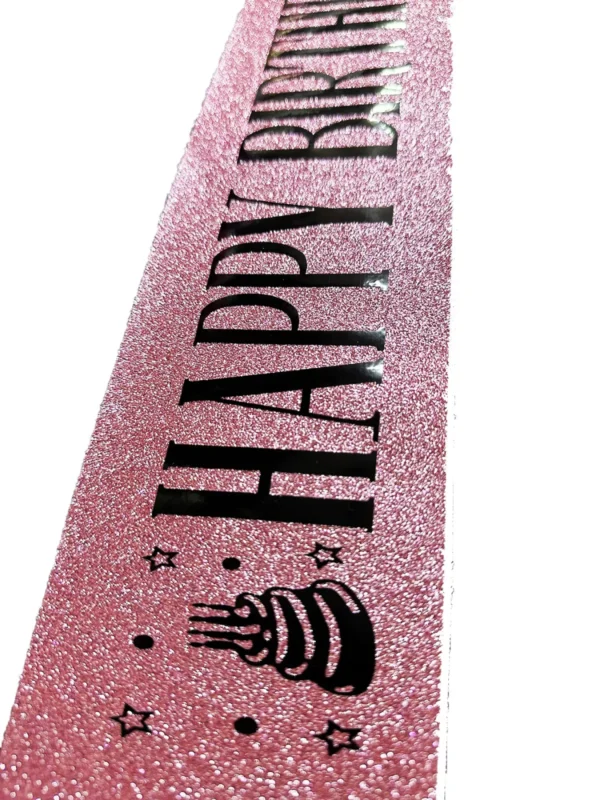 Pembe Üzeri Siyah Büyük Happy Birthday Yazılı Simli Işıltılı Kuşak Kemer 10 cm Genişlik (4172) - Görsel 3
