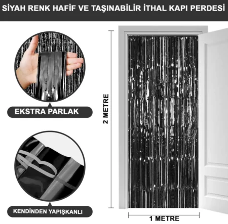 Siyah Renk Ekstra Metalize Parlak Saçaklı Arka Fon Perde İthal A Kalite 1x2 Metre (4172)
