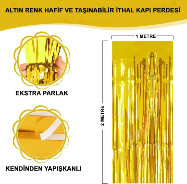 Altın Gold Renk Ekstra Metalize Parlak Saçaklı Arka Fon Perde İthal A Kalite 1x2 Metre (4172)