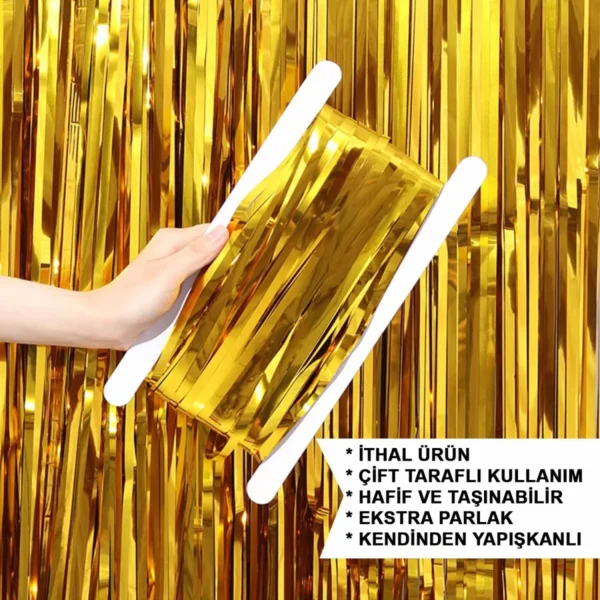 Altın Gold Renk Ekstra Metalize Parlak Saçaklı Arka Fon Perde İthal A Kalite 1x2 Metre (4172) - Görsel 5