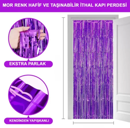 Mor Renk Ekstra Metalize Parlak Saçaklı Arka Fon Perde İthal A Kalite 1x2 Metre (4172)