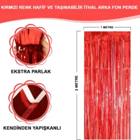 Kırmızı Renk Ekstra Metalize Parlak Saçaklı Arka Fon Perde İthal A Kalite 1x2 Metre (4172)