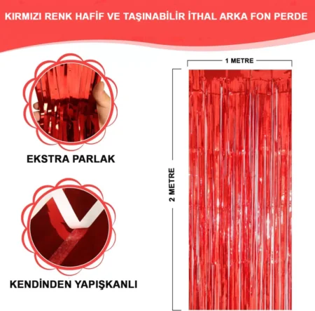 Kırmızı Renk Ekstra Metalize Parlak Saçaklı Arka Fon Perde İthal A Kalite 1x2 Metre (4172)