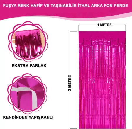 Fuşya Renk Ekstra Metalize Parlak Saçaklı Arka Fon Perde İthal A Kalite 1x2 Metre (4172)