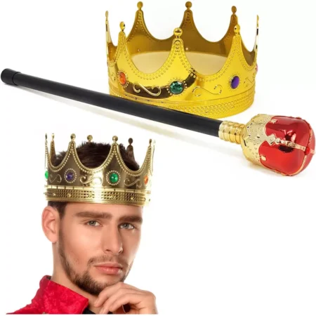 Altın Renk 60 cm Kral Tacı Kraliyet Tacı ve Kırmızı Topuzlu Kral Asası Seti (4172)