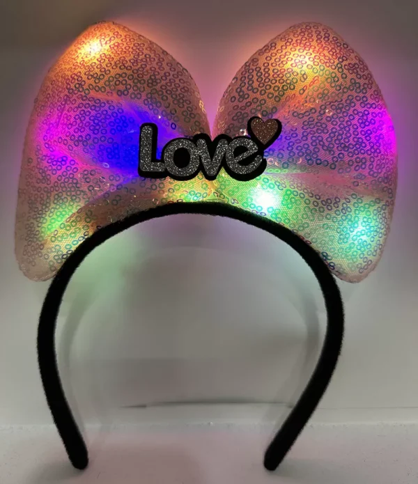 Led Işıklı 3 Farklı Fonksiyonda Yanan Gümüş Love Yazılı Toz Pembe Fiyonk Taç 20X17 cm (4172)