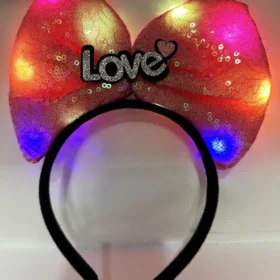 Led Işıklı 3 Farklı Fonksiyonda Yanan Gümüş Love Yazılı Fuşya Pembe Fiyonk Taç 20X17 cm (4172)