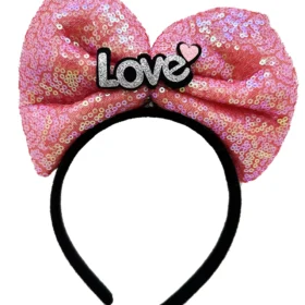 Led Işıklı 3 Farklı Fonksiyonda Yanan Gümüş Love Yazılı Fuşya Pembe Fiyonk Taç 20X17 cm (4172)