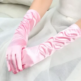 Uzun Boy Ekstra Parlak Saten Eldiven Pembe Renk (4172)