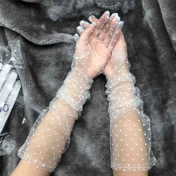 Uzun Boy Beyaz Puantiyeli Beyaz Renk Yetişkin Tül Eldiven 55 cm (4172) - Görsel 4