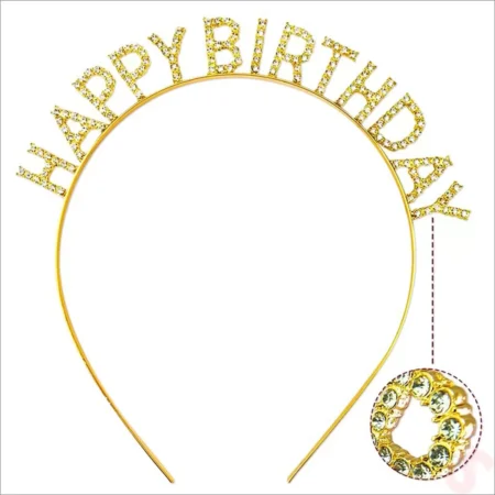Altın Gold Renk Kristal Taşlı Parlak Happy Birthday Taç 16x17 cm (4172)