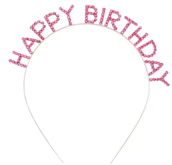 Pembe Renk Kristal Taşlı Gold Renk Kaplama Happy Birthday Taç 16x17 cm (4172)