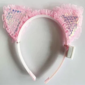 Kenarları Dantelli Pembe Pullu Payetli Led Işıklı Kedi Kulak Taç 17x19 cm (4172)