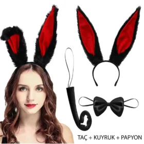 Siyah Kırmızı Renk Peluş Tavşan Kulak Papyon Kuyruk Yetişkin Boy (4172)