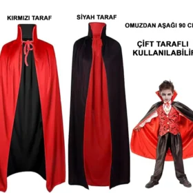 Çift Taraflı Kullanılabilir Siyah Kırmızı Yakalı Pelerin 90 cm Çocuk (4172)
