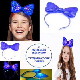 Led Işıklı & Pilli 3 F.rklı Modda Yanan Yıldızlı Fiyonk Parti Tacı Mavi Renk 19x15 cm