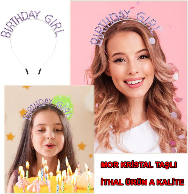 Mor Renk Kristal Taşlı Parlak Birthday Girl Yazılı Taç 16x17 cm - Görsel 2