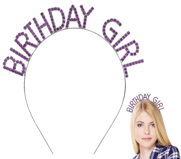 Mor Renk Kristal Taşlı Parlak Birthday Girl Yazılı Taç 16x17 cm - Görsel 5