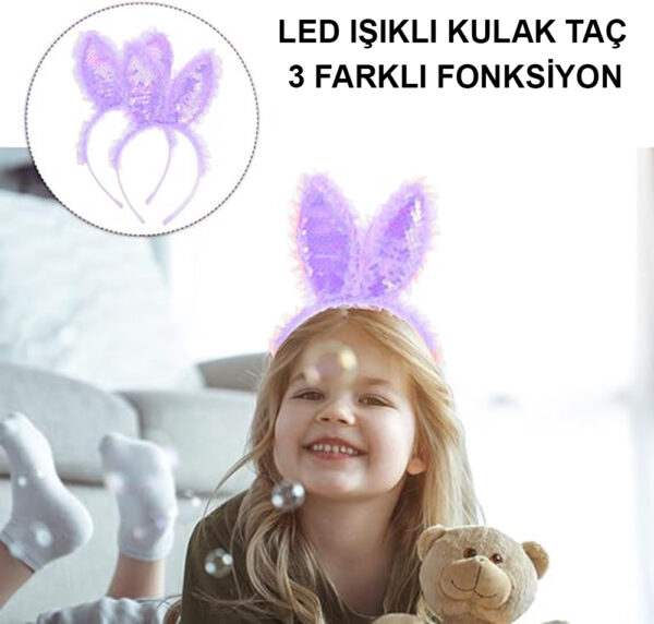 Kenarları Dantelli Mor Pullu Payetli Led Işıklı Tavşan Kulak Taç 23x19 cm - Görsel 4