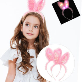 Kenarları Dantelli Pembe Pullu Payetli Led Işıklı Tavşan Kulak Taç 23x19 cm
