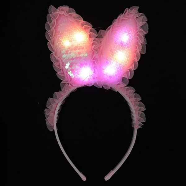 Kenarları Dantelli Pembe Pullu Payetli Led Işıklı Tavşan Kulak Taç 23x19 cm - Görsel 2