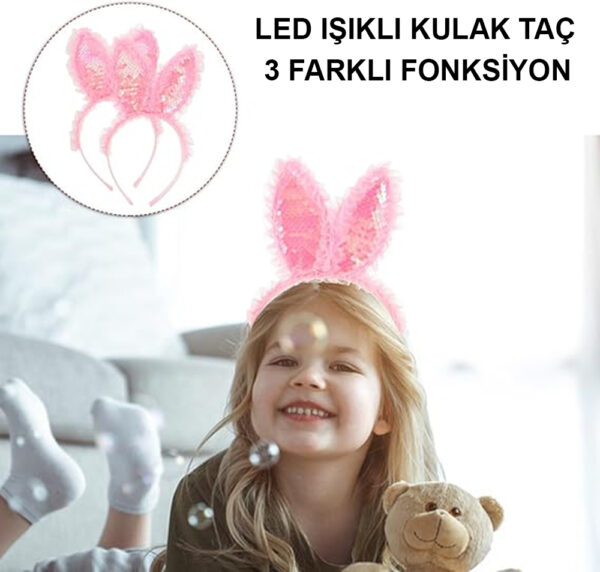 Kenarları Dantelli Pembe Pullu Payetli Led Işıklı Tavşan Kulak Taç 23x19 cm - Görsel 3