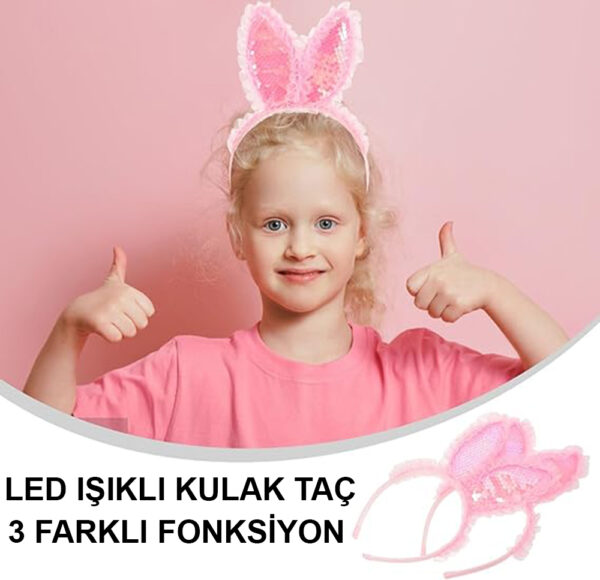 Kenarları Dantelli Pembe Pullu Payetli Led Işıklı Tavşan Kulak Taç 23x19 cm - Görsel 4